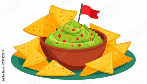 Fresh Guacamole Dip with Crispy Tortilla Chips & Red Flag. Mexican Food Appetizer Illustration.