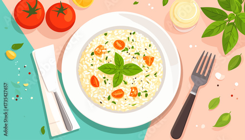 Gourmet Creamy Dish with Fresh Basil and Tomatoes. Delicious Meal Illustration, Top View on a Table Setting.