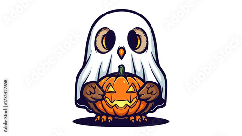 Spooky Owl with Pumpkin: A charming owl dressed as a ghost tenderly cradles a carved pumpkin, perfect for Halloween, illustration in a playful and festive illustration.