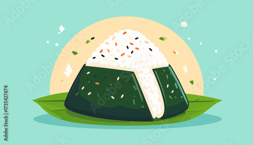 Stylized Japanese Onigiri Rice Ball with Seaweed and Sesame on Leaf Illustration