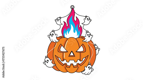Spooky Halloween: A vividly illustrated Halloween scene featuring a carved pumpkin with a ghostly entourage.