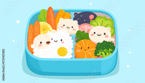 Adorable Kawaii Bento Box Illustration with Smiling Food Characters, Rice, Vegetables. Healthy Lunch Concept for Kids.
