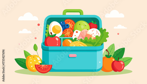 Healthy balanced lunchbox with fresh fruits, vegetables, egg, and rice. Nutritious bento box meal illustration.