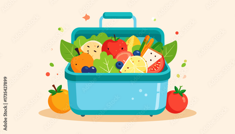 Obraz premium Vibrant Illustration of a Healthy Lunchbox with Fresh Fruits and Vegetables for School or Work