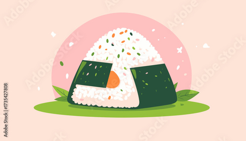 Cute Japanese Onigiri Rice Ball Illustration with Nori and Sprinkles on Pink Background