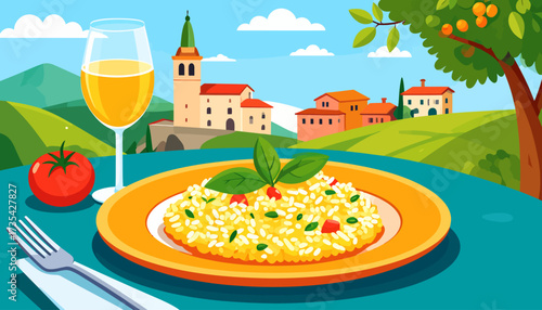 Italian Risotto with Wine and Tomato, Overlooking a Picturesque Countryside with Traditional Buildings - Vector Illustration