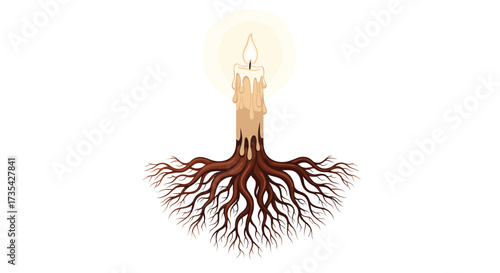 Candle with roots growing from its base symbolizing growth and life, Generative AI.