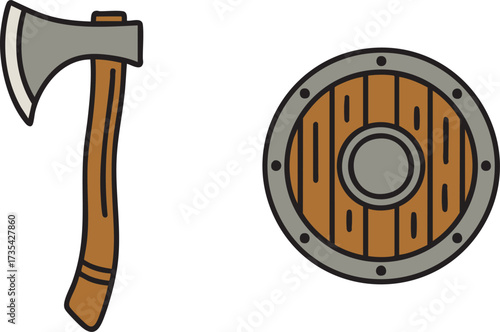 Wood axe and round shield with wood planks