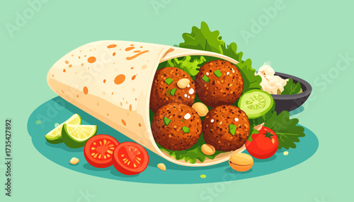 Vegan Falafel Wrap with Fresh Vegetables & Sauce. Middle Eastern Street Food Illustration.