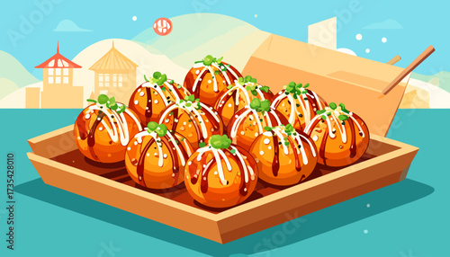 Delicious Japanese Takoyaki Octopus Balls with Sauce and Garnish on a Tray, Asian Street Food Illustration