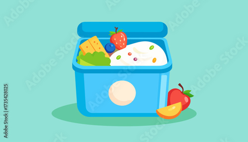 Healthy school lunchbox with fresh fruit, yogurt, and snacks. Flat design vector illustration for balanced meals.
