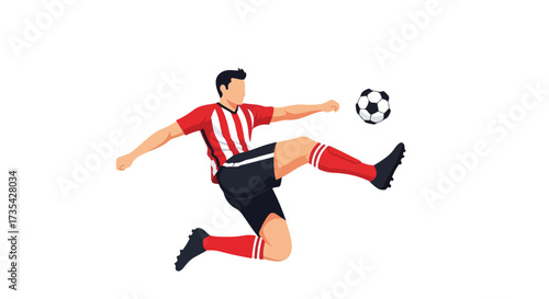 Dynamic soccer player illustration executing a powerful kick with red and white striped jersey and black shorts, on a bright backdrop