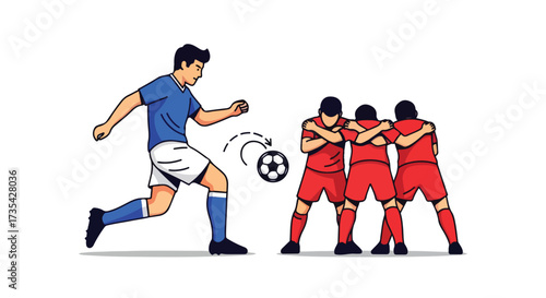 A Dynamic Free Kick Illustration: Football Player Kicking Ball Past Defensive Wall in Cartoon Style