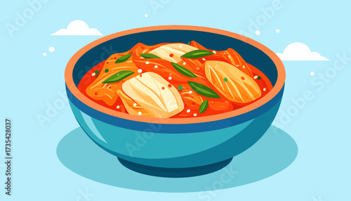 Flat design illustration of a bowl of spicy Korean kimchi stew, traditional Asian fermented cabbage dish
