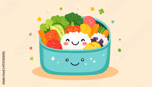 Happy Kawaii Bento Box with Healthy Fresh Food and Cute Smiling Rice