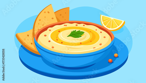 Creamy Hummus Dip with Pita Bread, Olive Oil, and Lemon. Healthy Mediterranean Appetizer Food Illustration