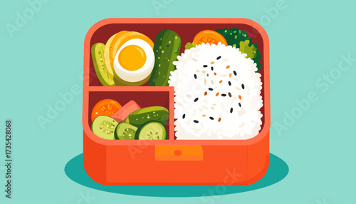 Healthy Japanese Bento Box Illustration with Rice, Egg, and Vegetables. Fresh Lunch Meal Concept.