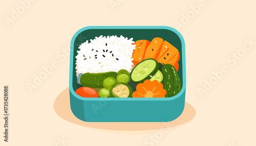 Fresh and Healthy Bento Box Lunch with Rice and Vegetables Flat Illustration