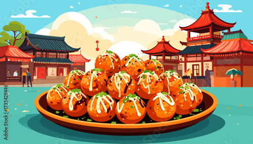 A plate of takoyaki in a Japanese setting.
