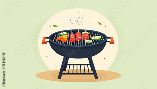 A cartoon illustration of a barbecue grill with various foods.