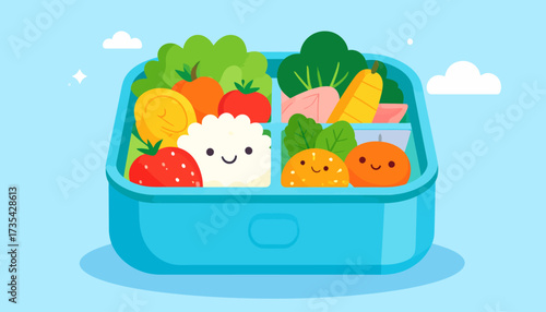 Colorful cartoon lunchbox with fresh fruits and vegetables.