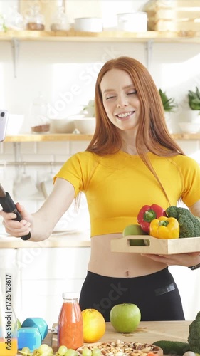 A joyful woman happily enjoys a refreshing, cold juice surrounded by a colorful array of vibrant fruits and vegetables