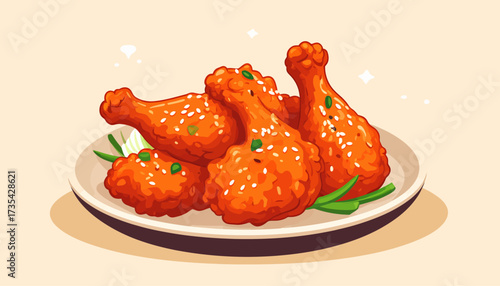 A plate of fried chicken drumsticks with herbs.