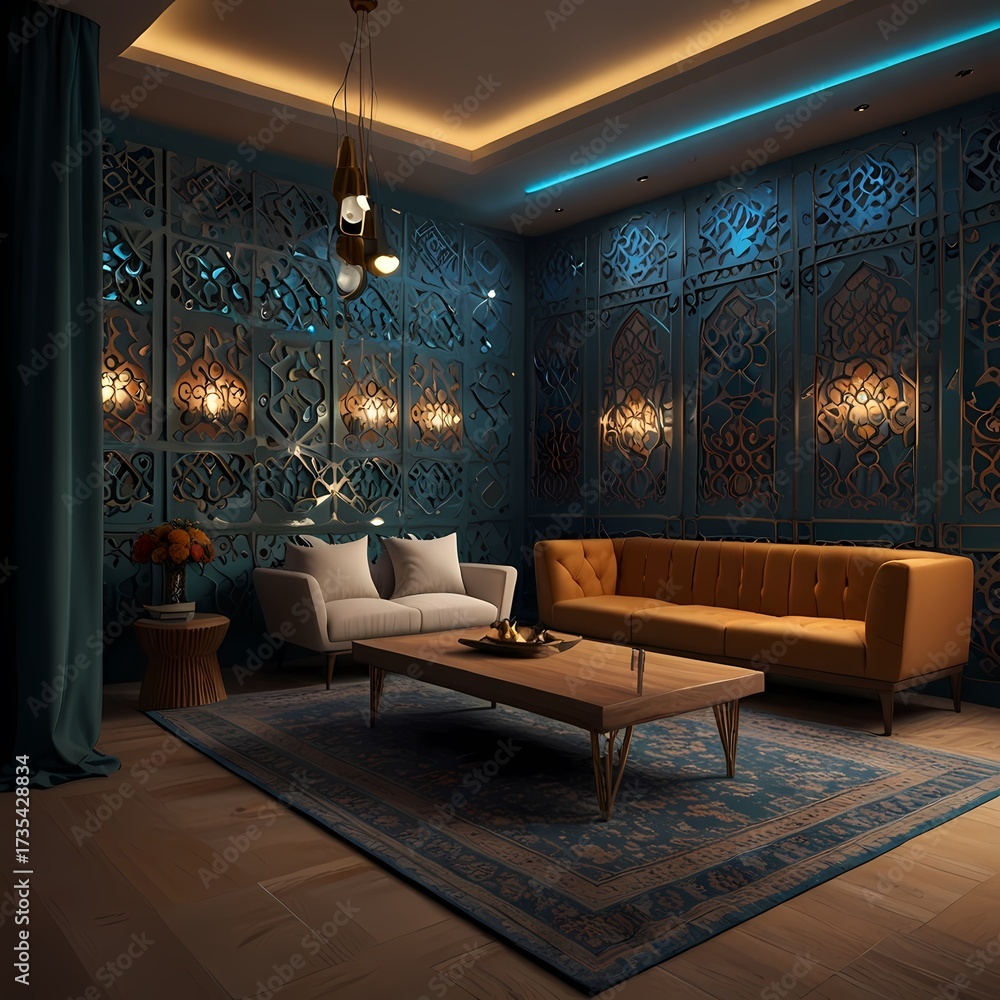 Fototapeta premium podcast room, islamic inspired, 3m by 6m, 3d style, interior design