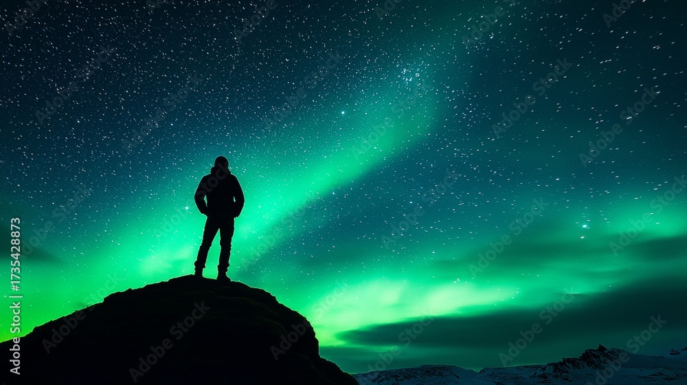 Fototapeta premium Person admires northern lights in a dark night sky above a mountain landscape