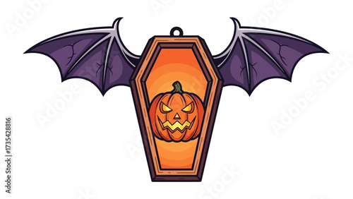 Spooky Halloween Decor: An artistic, spooky illustration of a Halloween coffin decor with bat wings. Inside, a carved pumpkin with glowing eyes adds a spooky glow.