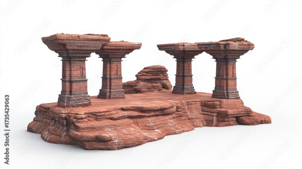 Fototapeta premium Ancient red stone ruins stand on a rocky outcrop in a serene landscape under soft sunlight