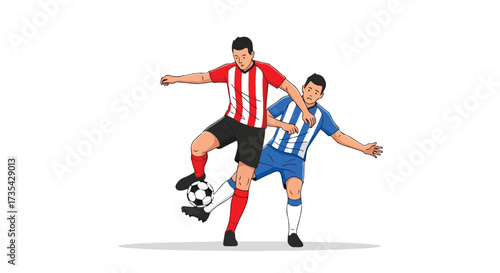 Dynamic soccer duel illustration capturing the intensity of a competitive match between two athletes challenging for ball control action