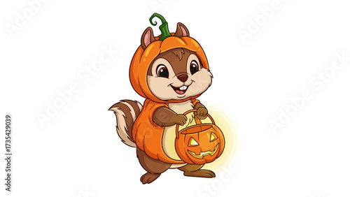 Halloween Chipmunk: A cute chipmunk adorned in a vibrant pumpkin costume, complete with a carved lantern, embodying the joyful spirit of Halloween.