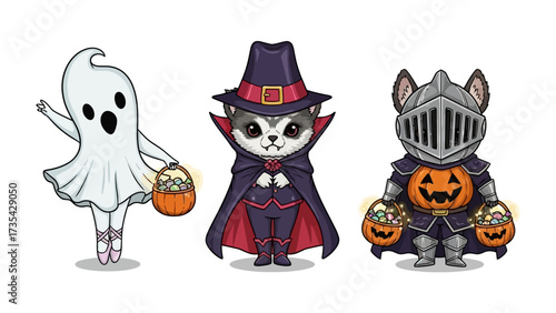 Spooky Companions: A collection of digitally illustrated images featuring a spectral ghost and costumed kittens in Halloween attire.
