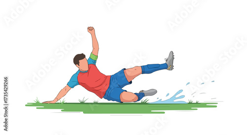 Illustrated soccer player celebrating goal sliding on the grass with triumphant gesture on green grass field in a sports competition graphic