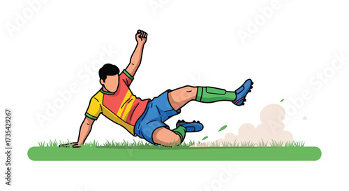 Dynamic soccer player mid-slide on the grass, expressing triumph with outstretched arm capturing the energy of the exhilarating game moment