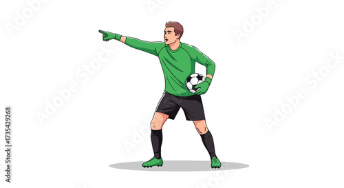 Determined soccer goalkeeper gesturing intensely and holding the ball ready for action on the field, illustrating sportsmanship and leadership in