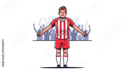 Cartoon soccer player celebrating victory in front of a cheering crowd with arms outstretched in red and white striped uniform expressing jubilant