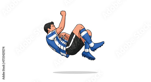 Animated soccer player in mid-air, celebrating with a triumphant gesture against a plain background illustration