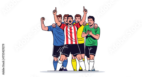 Illustrative depiction of jubilant soccer players celebrating a victory with expressions of excitement and unity on a stark white background