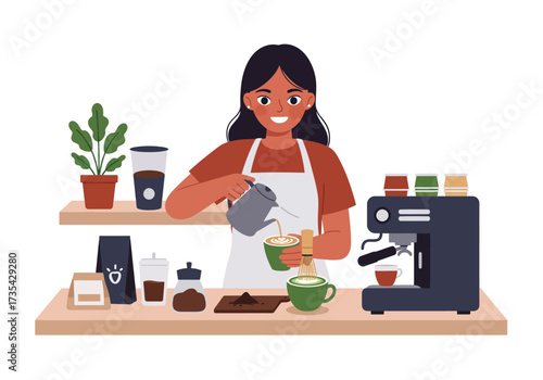 Barista serves coffee at a cafe counter. Perfect for coffee shop advertisements, social media posts, and website banners. Engaging and professional.