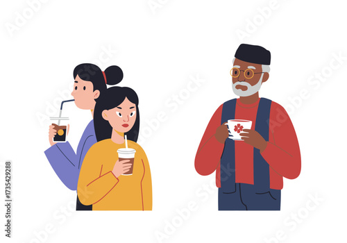 Three people enjoying drinks together in a cafe setting. Perfect for lifestyle, socializing, beverage, and friendship concepts in design projects.