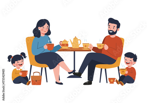 Happy family of four enjoying tea together cheerfully. Suitable for lifestyle blogs, familyoriented advertisements, and relaxingthemed designs.