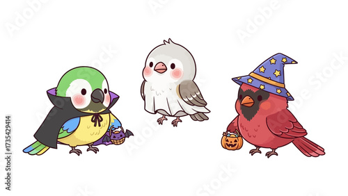 Whimsical Halloween Birds: Three adorable birds in imaginative Halloween costumes bring a touch of playful spookiness, showcasing the fun of the festive season.