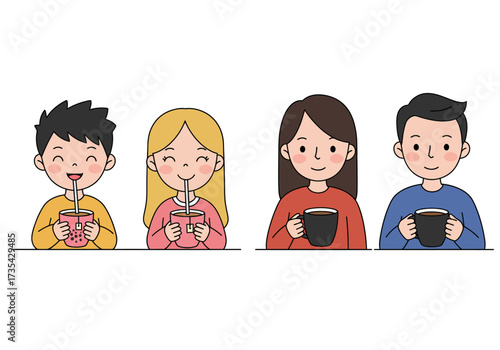 Four friends sip drinks joyfully from mugs and straws. Perfect for social gathering, friendship, parties, beverages, and restaurant themes.