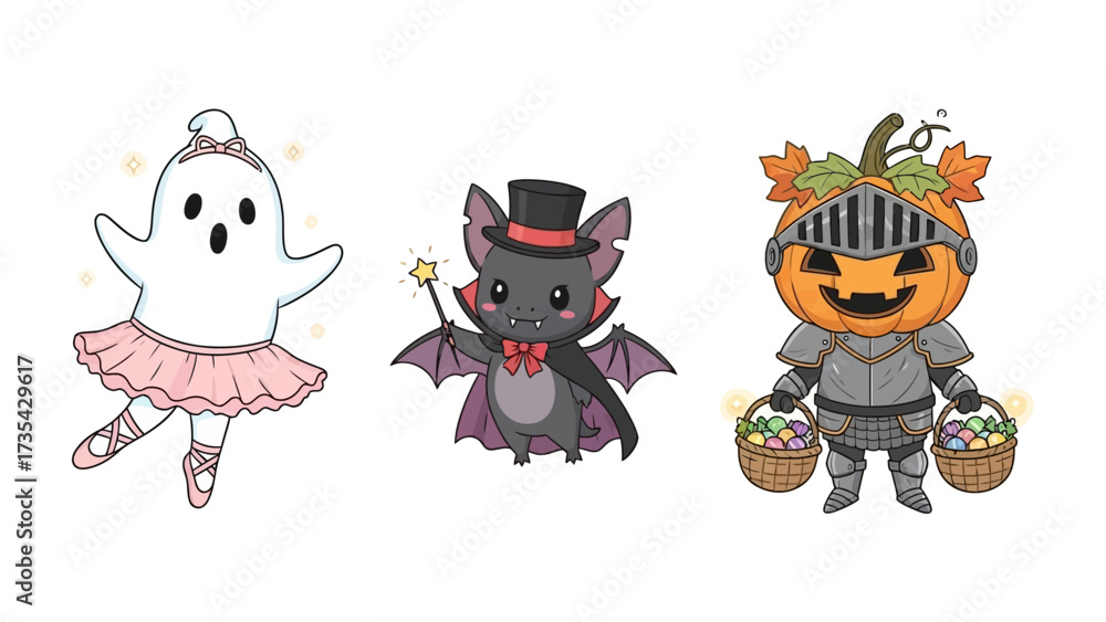 Obraz premium Whimsical Halloween Characters: A collection of adorable cartoon characters ready to celebrate Halloween. Featuring a charming ghost ballerina, a dapper vampire bat, and a festive pumpkin knight.