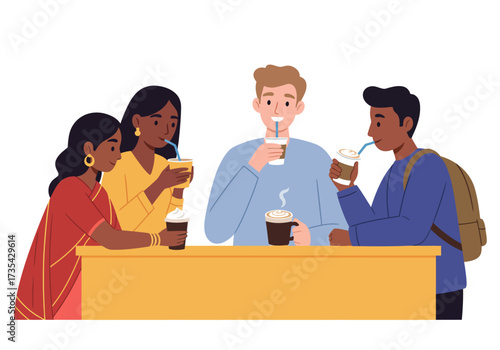 Four friends enjoying drinks together, socializing and having fun, great for lifestyle, friendship, and leisure concepts. Perfect for social media.