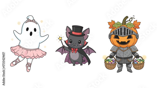 Whimsical Halloween Characters: A collection of adorable cartoon characters ready to celebrate Halloween. Featuring a charming ghost ballerina, a dapper vampire bat, and a festive pumpkin knight.
