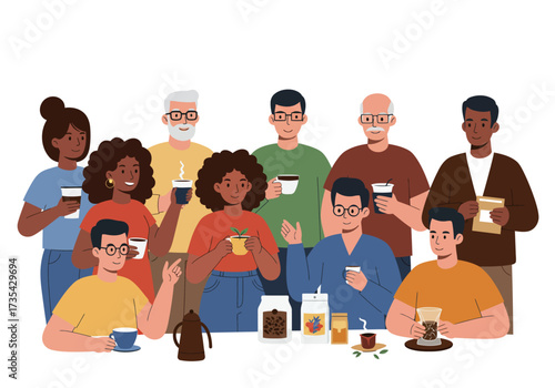 Diverse group enjoying coffee in a relaxed setting. Suitable for coffee shops, social gatherings, and lifestyle blogs.