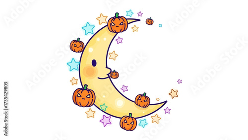 Halloween Crescent Moon: A whimsical crescent moon adorned with mischievous pumpkins and twinkling stars evokes the magical spirit of Halloween. 